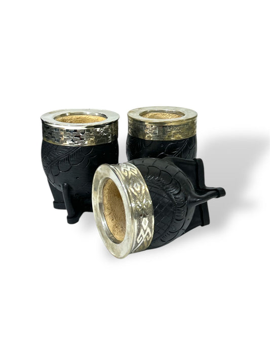 Mate Imperial - virola lisa alpaca - cuero repujado - color negro